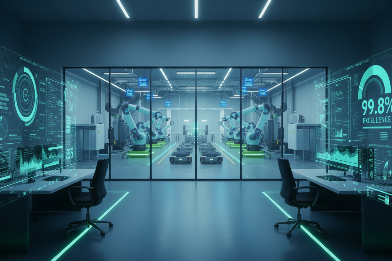 Control room with robotic arms and digital displays in a futuristic setting